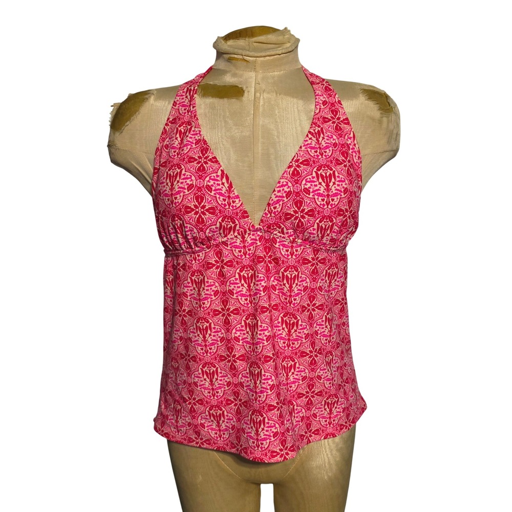 Old Navy Womens Pink Red Geometric Damask Halter Tankini Swim Top Large